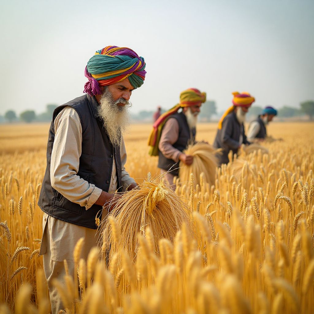 ਪਰੰਪਰਾਗਤ ਪਗੜੀਆਂ ਪਹਿਨੇ ਸੁਨਹਿਰੀ ਕਣਕ ਦੇ ਖੇਤਾਂ ਵਿੱਚ ਕੰਮ ਕਰਦੇ ਪੰਜਾਬੀ ਕਿਸਾਨ